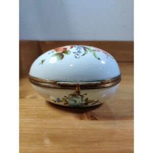 Vtg Made In France Porcelain Gold White Flower Rose Egg Shape Trinket Box Signed